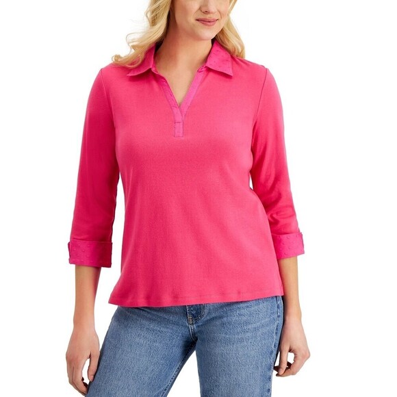 Karen Scott Petite 3/4-Sleeve Clip-Dot-Trimmed Top Steel Rose PL - Picture 1 of 1